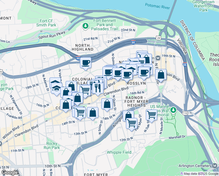 map of restaurants, bars, coffee shops, grocery stores, and more near 101 Independence Avenue Southeast in Washington