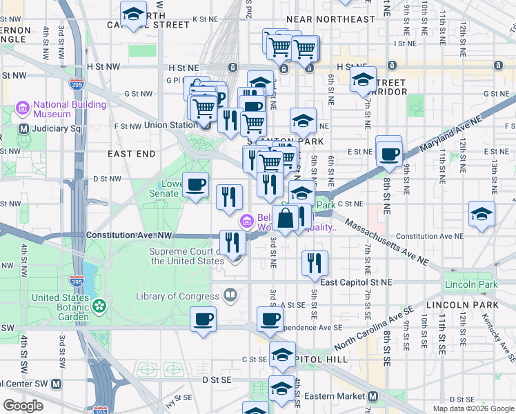 map of restaurants, bars, coffee shops, grocery stores, and more near 211 C Street Northeast in Washington