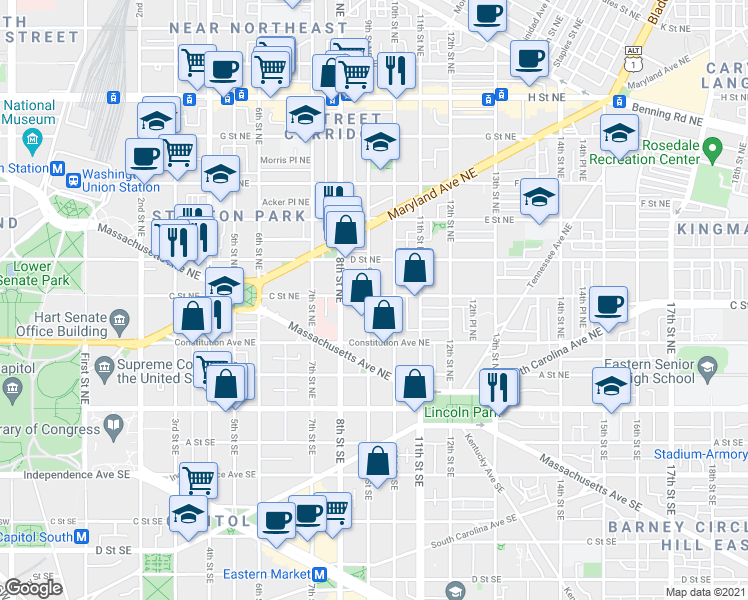 map of restaurants, bars, coffee shops, grocery stores, and more near 903 C Street Northeast in Washington