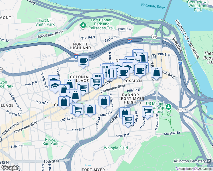 map of restaurants, bars, coffee shops, grocery stores, and more near 1800 Wilson Boulevard in Arlington