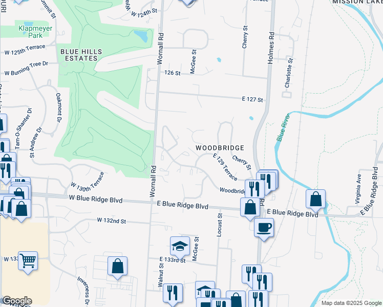 map of restaurants, bars, coffee shops, grocery stores, and more near 120 Woodbridge Lane in Kansas City