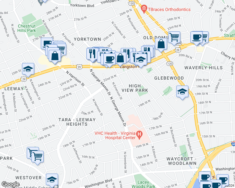 map of restaurants, bars, coffee shops, grocery stores, and more near 2004 North Emerson Street in Arlington