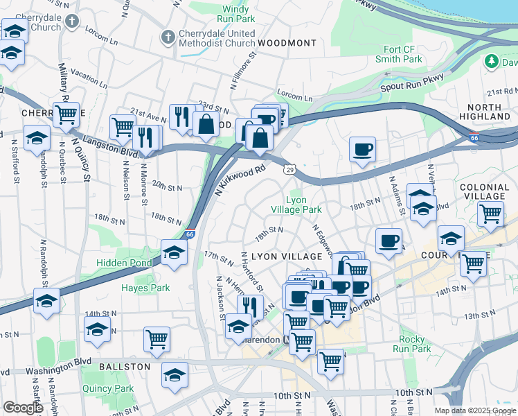 map of restaurants, bars, coffee shops, grocery stores, and more near 3174 20th Street North in Arlington