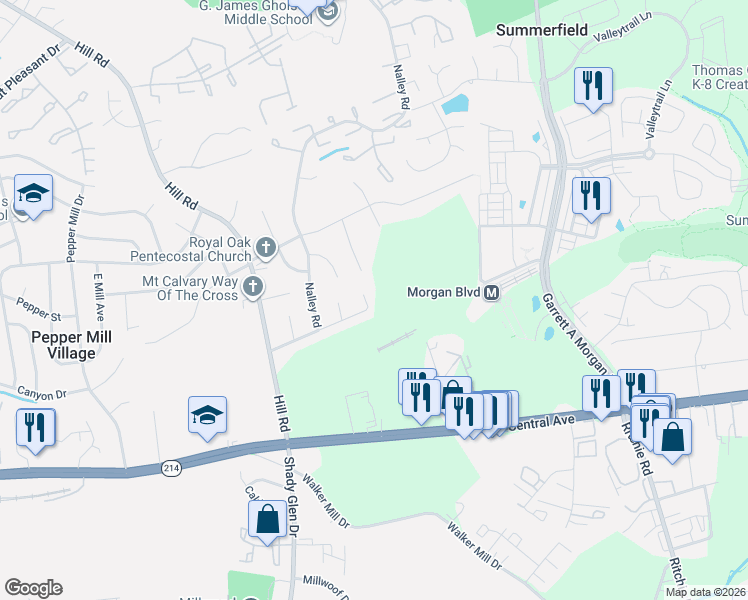 map of restaurants, bars, coffee shops, grocery stores, and more near 201 Royal Oak Court in Hyattsville