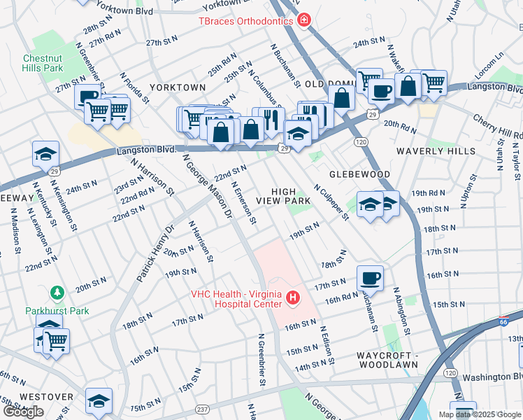 map of restaurants, bars, coffee shops, grocery stores, and more near 1950 North Edison Street in Arlington