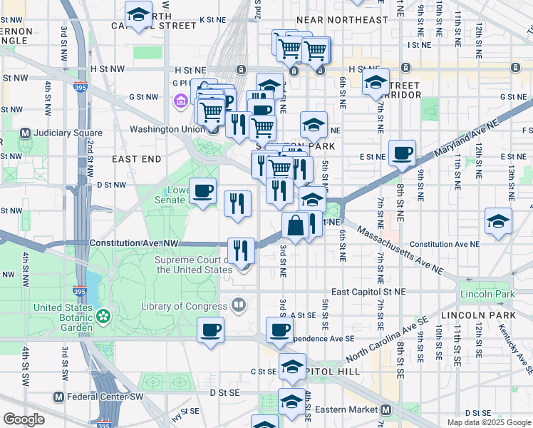 map of restaurants, bars, coffee shops, grocery stores, and more near 209 C Street Northeast in Washington