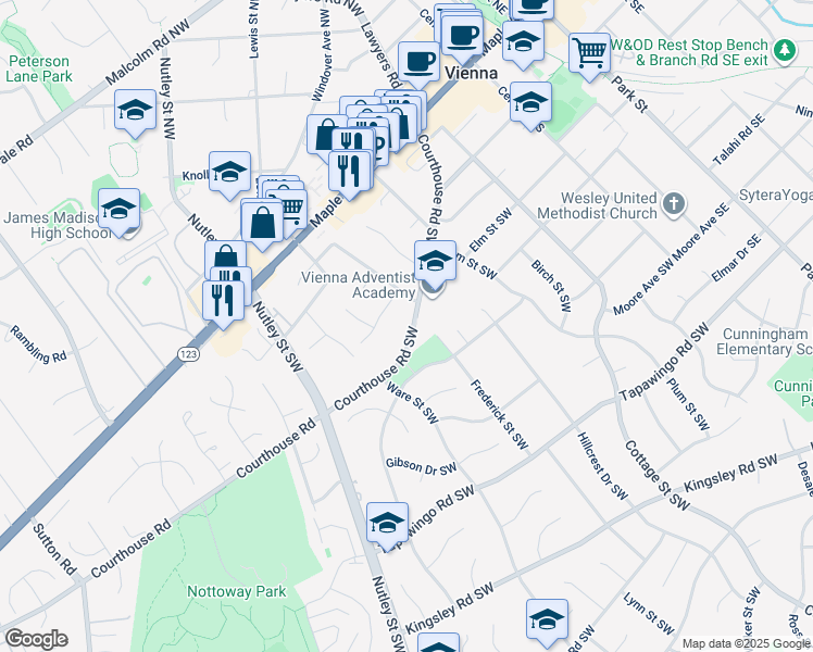 map of restaurants, bars, coffee shops, grocery stores, and more near 363 Courthouse Road Southwest in Vienna