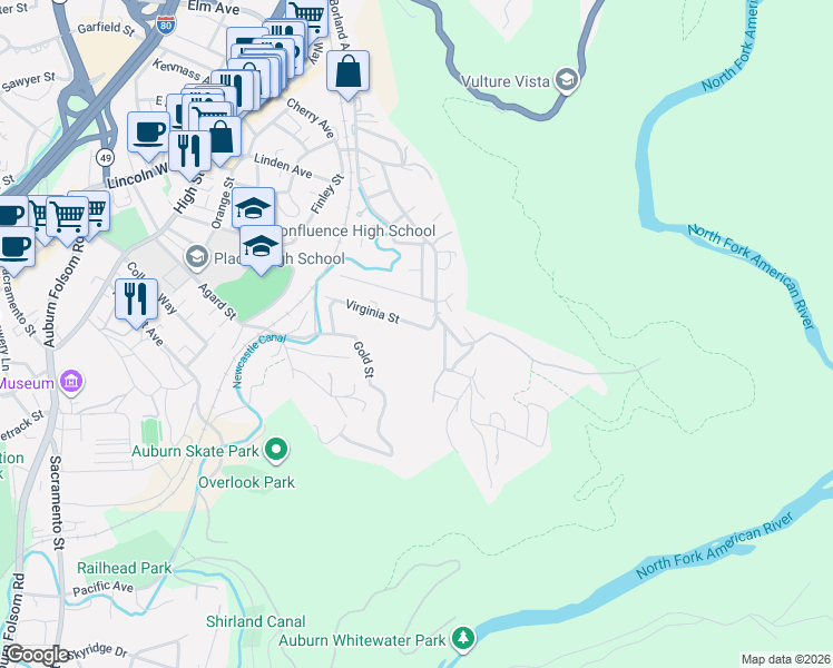 map of restaurants, bars, coffee shops, grocery stores, and more near 135 Virginia Street in Auburn
