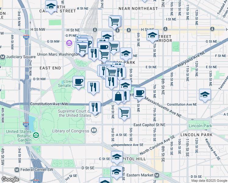 map of restaurants, bars, coffee shops, grocery stores, and more near 305 C Street Northeast in Washington
