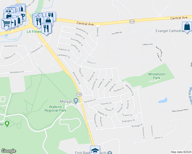 map of restaurants, bars, coffee shops, grocery stores, and more near 109 Essenton Drive in Upper Marlboro