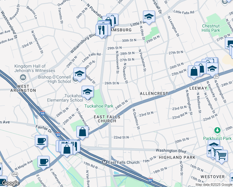 map of restaurants, bars, coffee shops, grocery stores, and more near 2431 North Roosevelt Street in Arlington