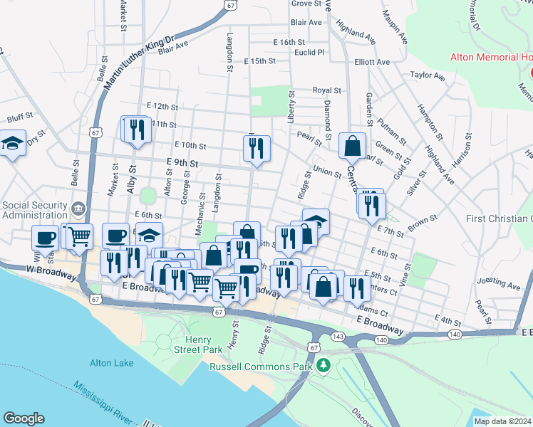 map of restaurants, bars, coffee shops, grocery stores, and more near 619 East 7th Street in Alton