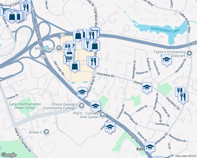 map of restaurants, bars, coffee shops, grocery stores, and more near 10533 Joyceton Drive in Upper Marlboro