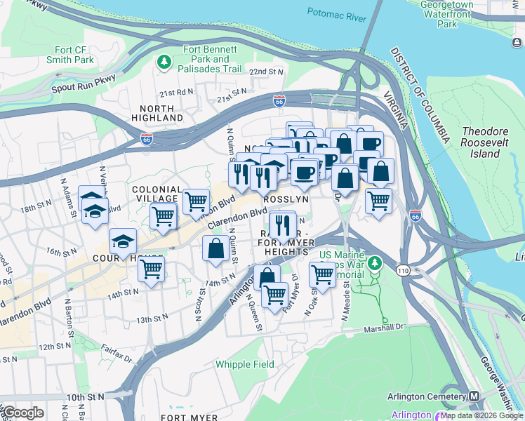 map of restaurants, bars, coffee shops, grocery stores, and more near Clarendon Blvd & N Pierce St in Arlington