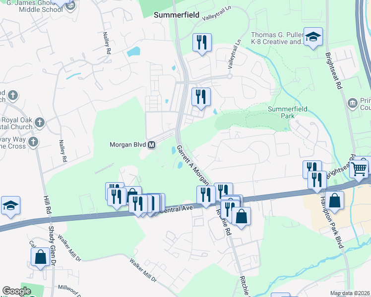 map of restaurants, bars, coffee shops, grocery stores, and more near 253 Garrett A Morgan Boulevard in Hyattsville