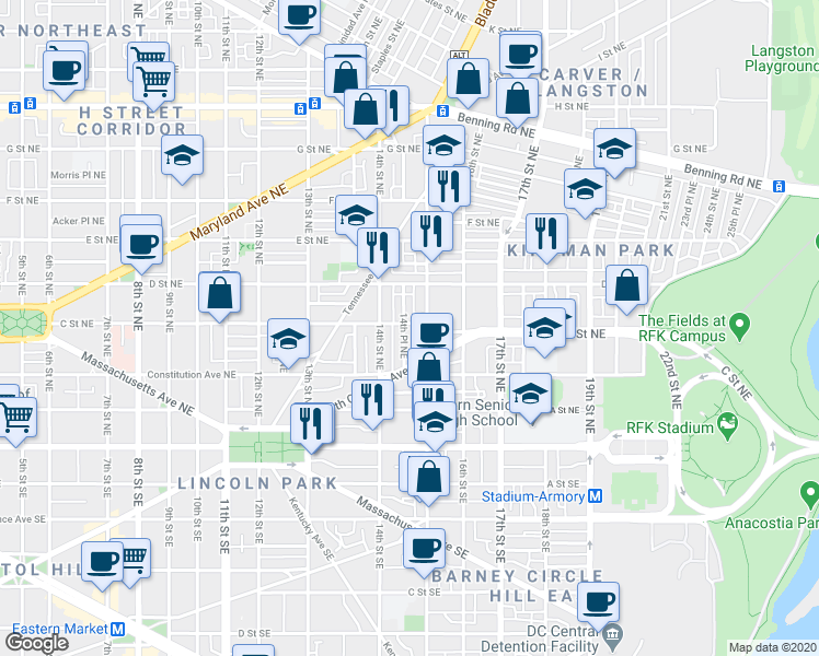 map of restaurants, bars, coffee shops, grocery stores, and more near 1433 C Street Northeast in Washington