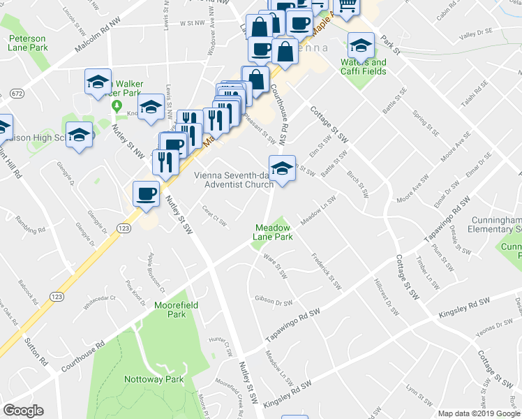 map of restaurants, bars, coffee shops, grocery stores, and more near 363 Courthouse Road Southwest in Vienna