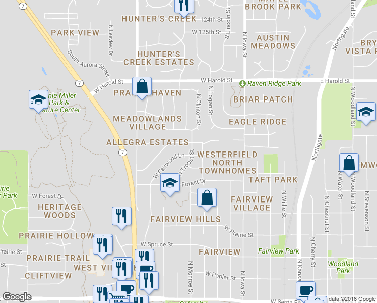 map of restaurants, bars, coffee shops, grocery stores, and more near 901 North Troost Street in Olathe