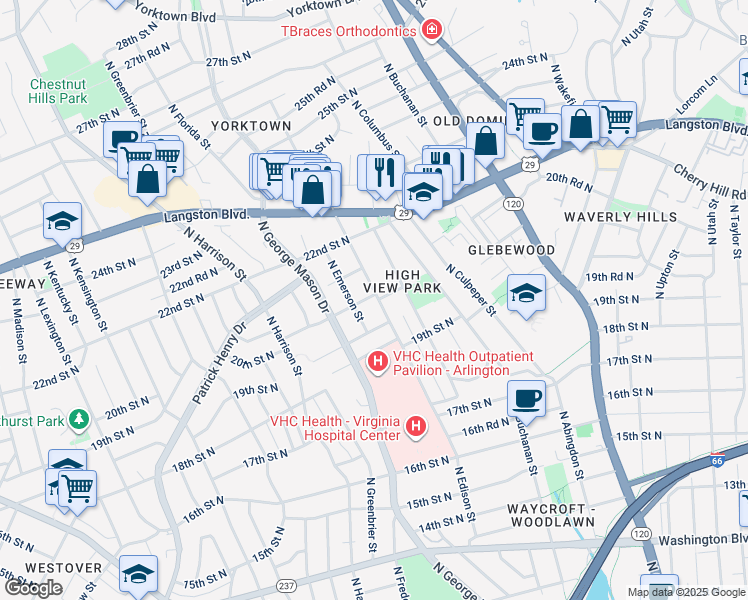 map of restaurants, bars, coffee shops, grocery stores, and more near 1950 North Edison Street in Arlington