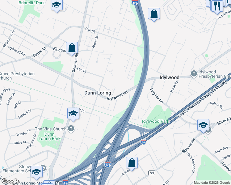 map of restaurants, bars, coffee shops, grocery stores, and more near 2403 Shreve Hill Road in Dunn Loring