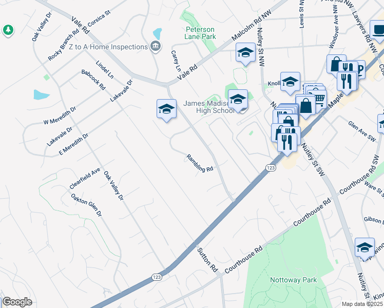 map of restaurants, bars, coffee shops, grocery stores, and more near 2557 Rambling Road in Vienna