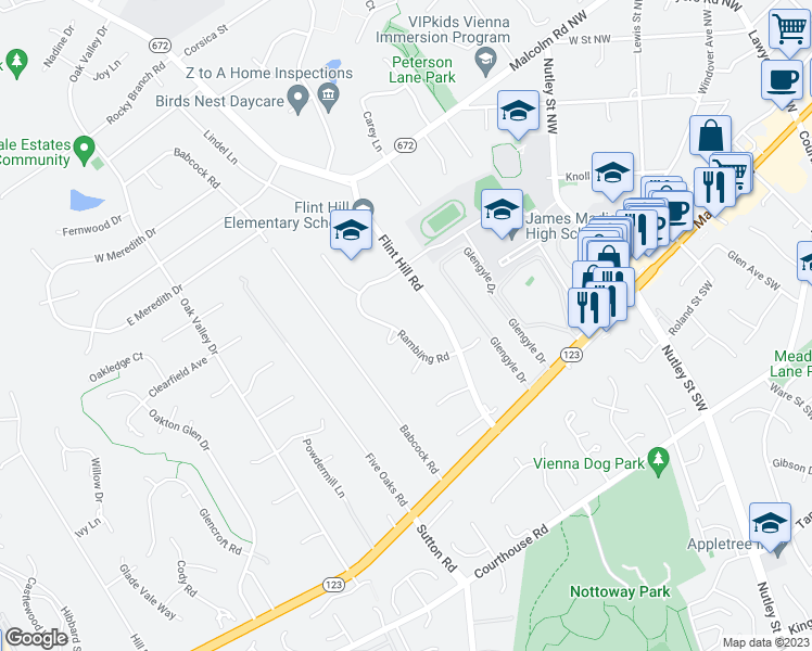 map of restaurants, bars, coffee shops, grocery stores, and more near 2557 Rambling Road in Vienna