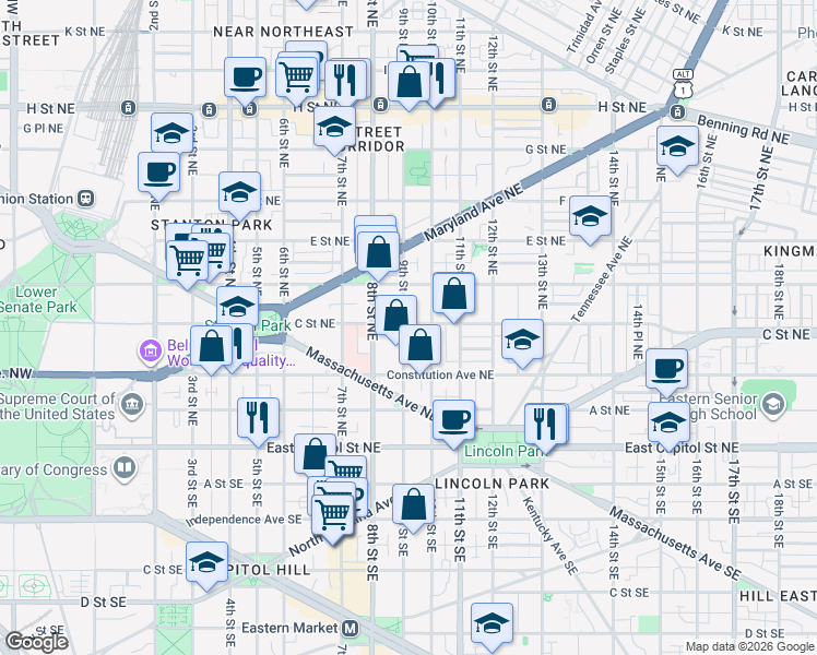map of restaurants, bars, coffee shops, grocery stores, and more near 101 Independence Avenue Southeast in Washington