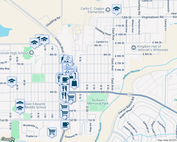 map of restaurants, bars, coffee shops, grocery stores, and more near 619 D Street in Lincoln