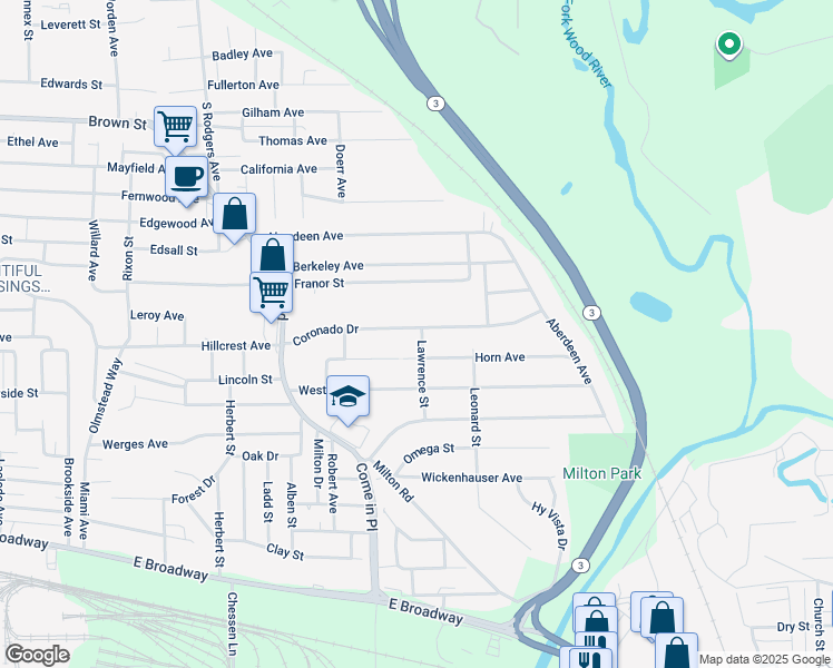 map of restaurants, bars, coffee shops, grocery stores, and more near 3631 Coronado Drive in Alton