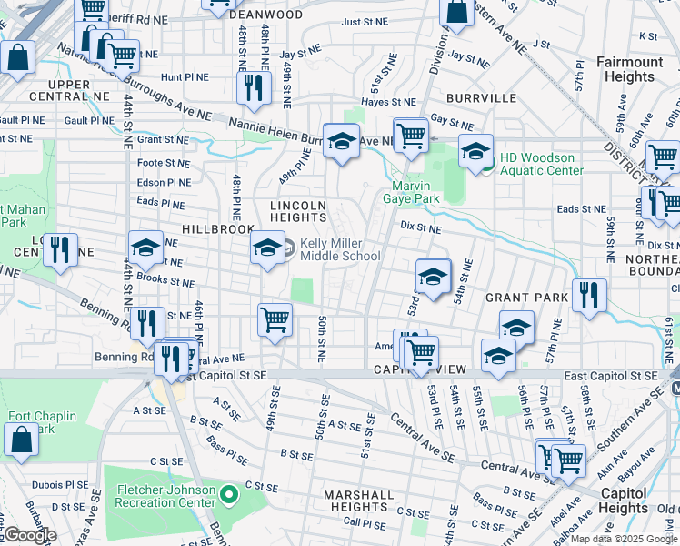 map of restaurants, bars, coffee shops, grocery stores, and more near 5015-5017 Banks Place Northeast in Washington
