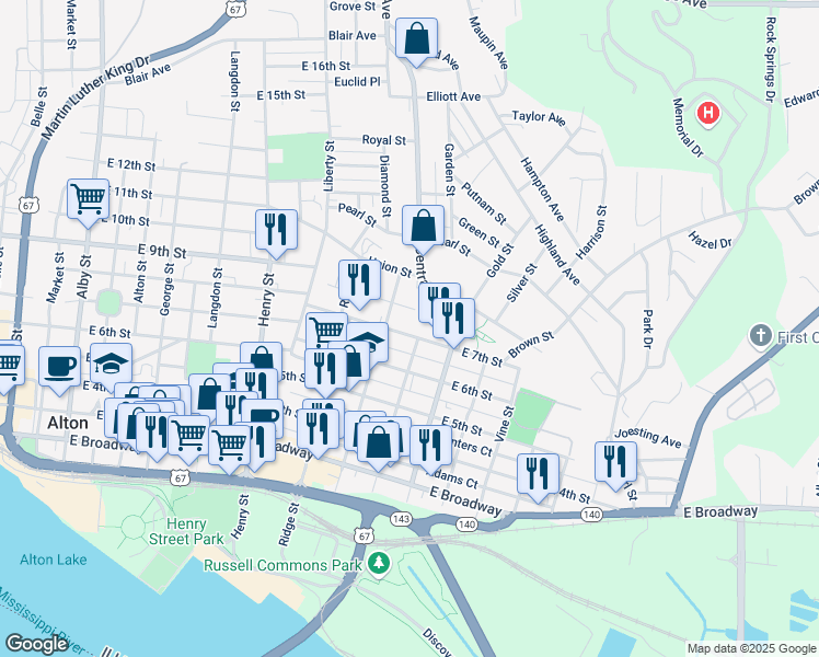 map of restaurants, bars, coffee shops, grocery stores, and more near 920 East 7th Street in Alton