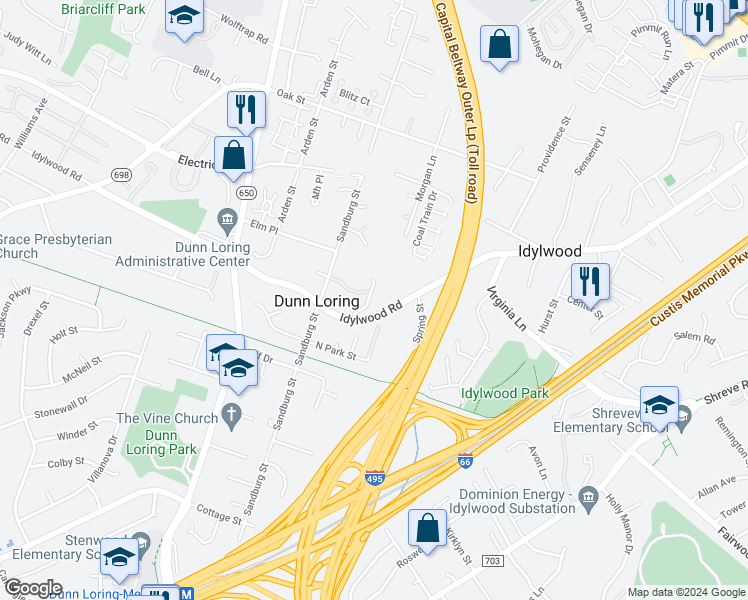 map of restaurants, bars, coffee shops, grocery stores, and more near 2403 Shreve Hill Road in Dunn Loring