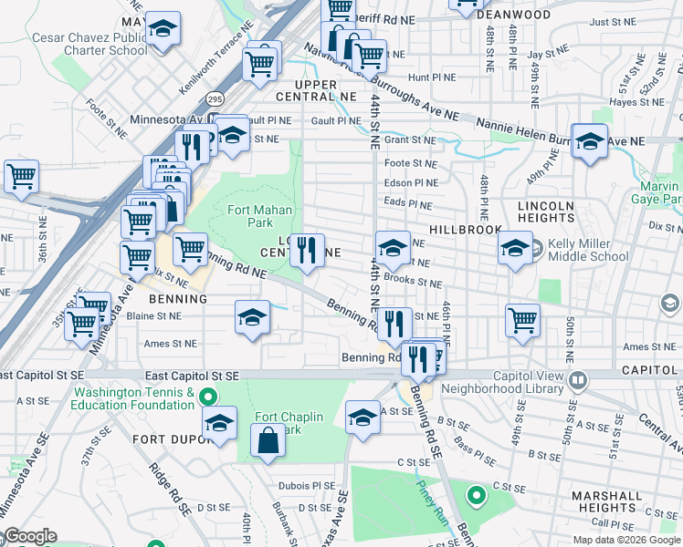 map of restaurants, bars, coffee shops, grocery stores, and more near 4253 Brooks Street Northeast in Washington