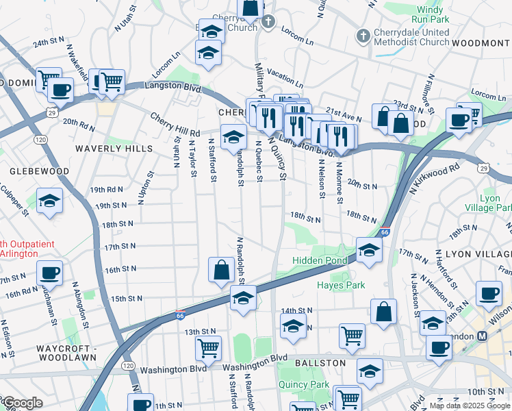 map of restaurants, bars, coffee shops, grocery stores, and more near 1814 North Quebec Street in Arlington