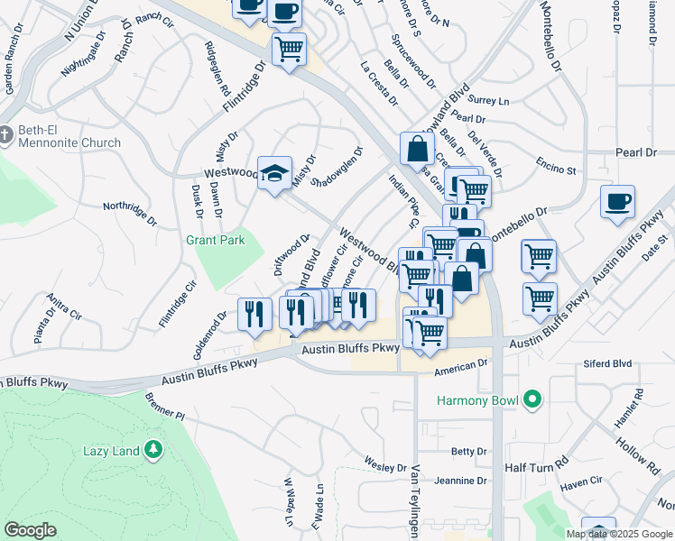 map of restaurants, bars, coffee shops, grocery stores, and more near 3621 Windflower Cir in Colorado Springs