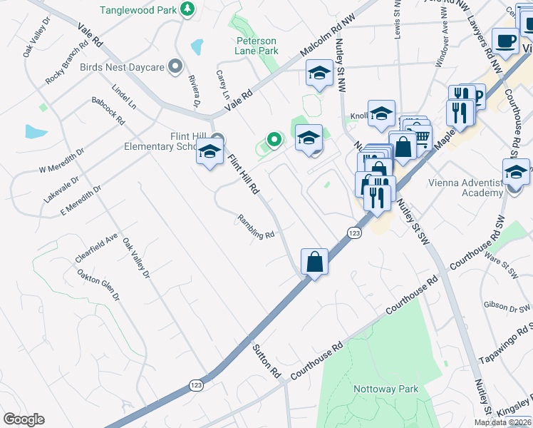 map of restaurants, bars, coffee shops, grocery stores, and more near 2526 Flint Hill Road in Vienna