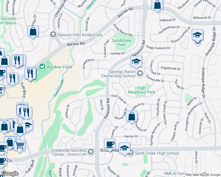map of restaurants, bars, coffee shops, grocery stores, and more near 4360 Round Hill Drive in Colorado Springs