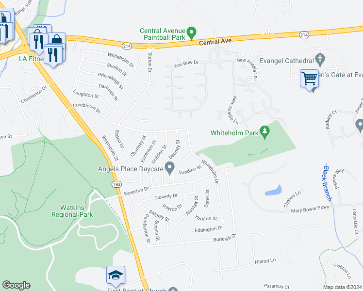 map of restaurants, bars, coffee shops, grocery stores, and more near 108 Dauntly Street in Upper Marlboro