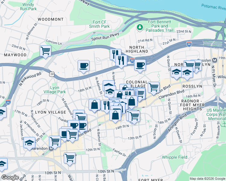 map of restaurants, bars, coffee shops, grocery stores, and more near 1700 North Veitch Street in Arlington