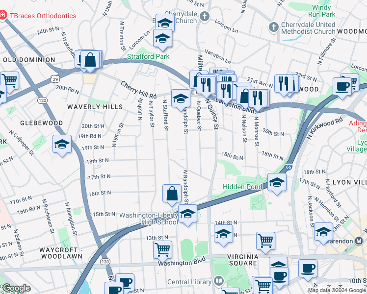 map of restaurants, bars, coffee shops, grocery stores, and more near 1812 North Randolph Street in Arlington