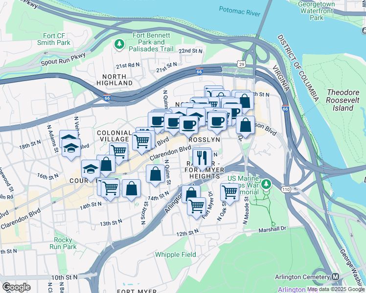 map of restaurants, bars, coffee shops, grocery stores, and more near 1601 Clarendon Boulevard in Arlington