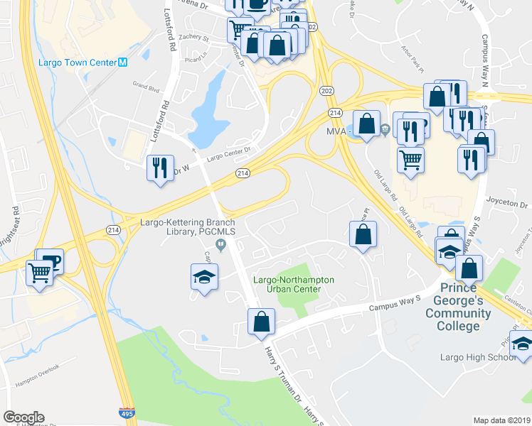 map of restaurants, bars, coffee shops, grocery stores, and more near 9960 Royal Commerce Place in Upper Marlboro