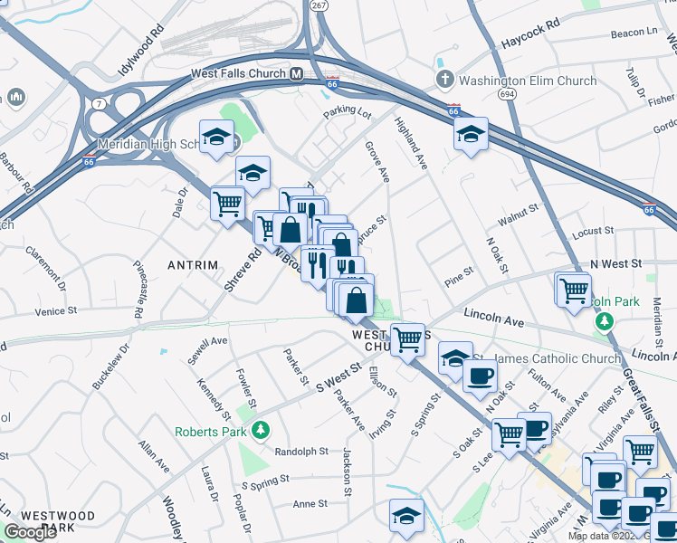 map of restaurants, bars, coffee shops, grocery stores, and more near 1106 West Broad Street in Falls Church