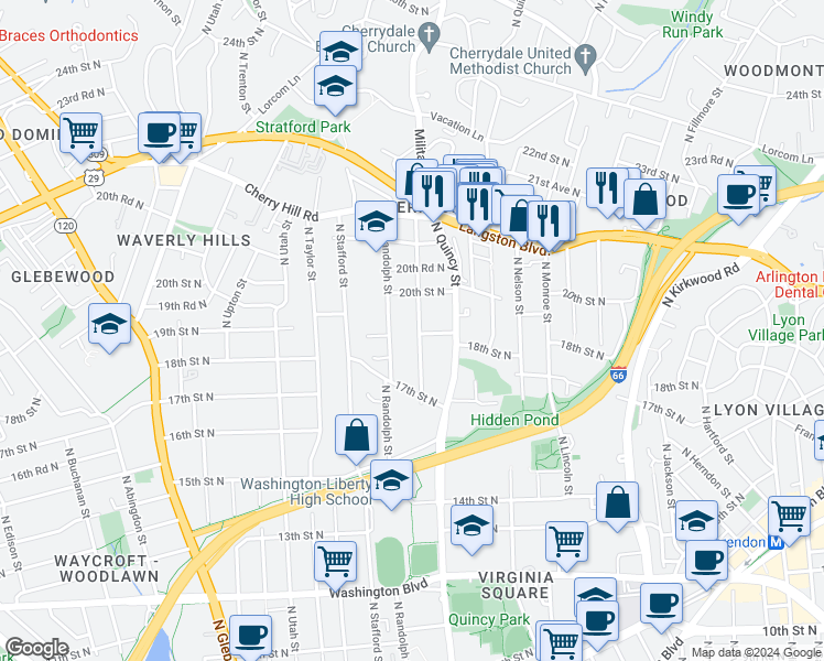 map of restaurants, bars, coffee shops, grocery stores, and more near 1814 North Quebec Street in Arlington