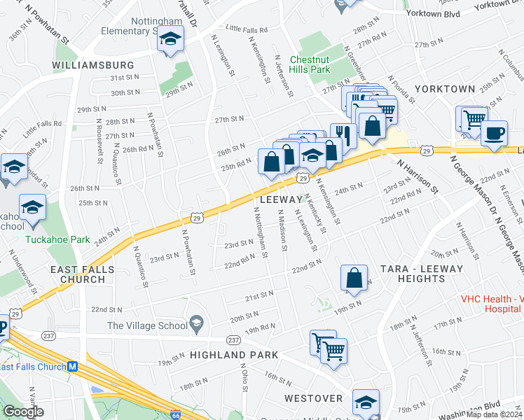 map of restaurants, bars, coffee shops, grocery stores, and more near 2323 North Nottingham Street in Arlington
