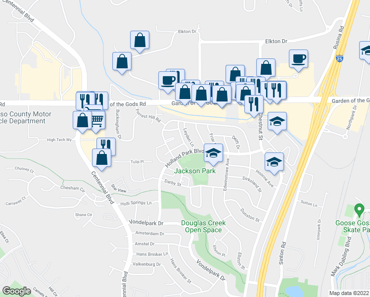 map of restaurants, bars, coffee shops, grocery stores, and more near 1116 Holland Park Boulevard in Colorado Springs