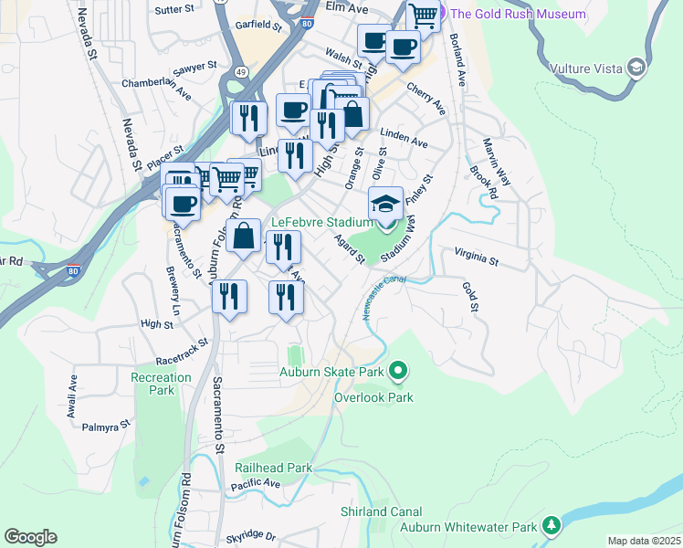 map of restaurants, bars, coffee shops, grocery stores, and more near 182 College Way in Auburn