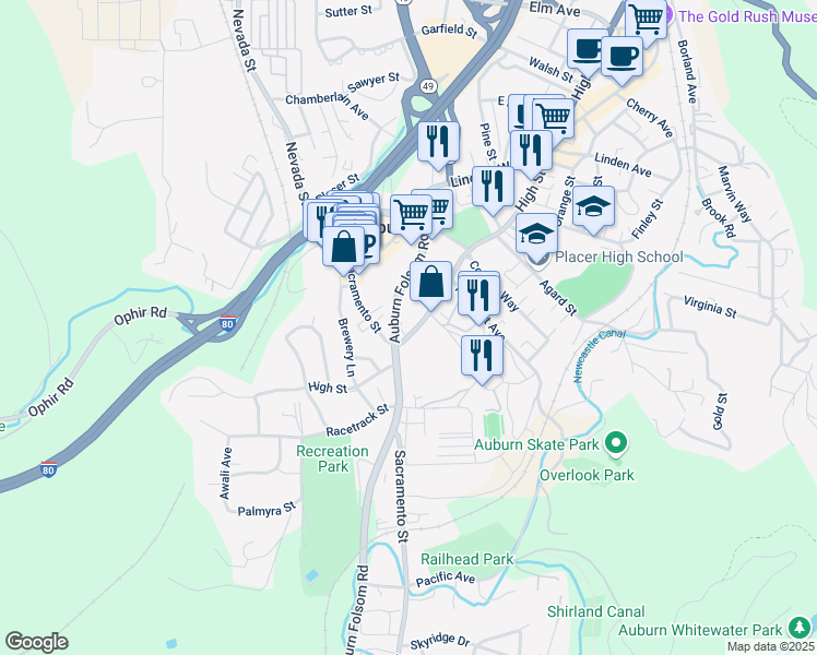 map of restaurants, bars, coffee shops, grocery stores, and more near in Auburn