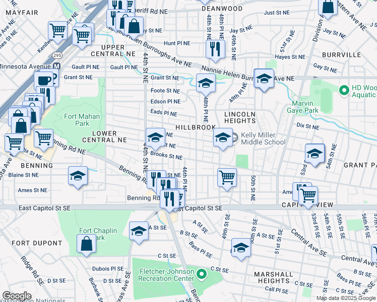 map of restaurants, bars, coffee shops, grocery stores, and more near 4627 Clay Street Northeast in Washington