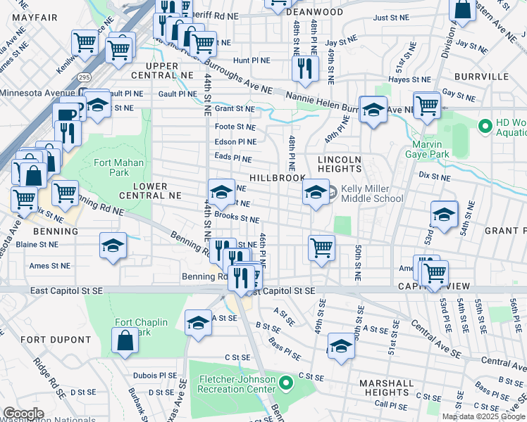 map of restaurants, bars, coffee shops, grocery stores, and more near 4621 Clay Street Northeast in Washington